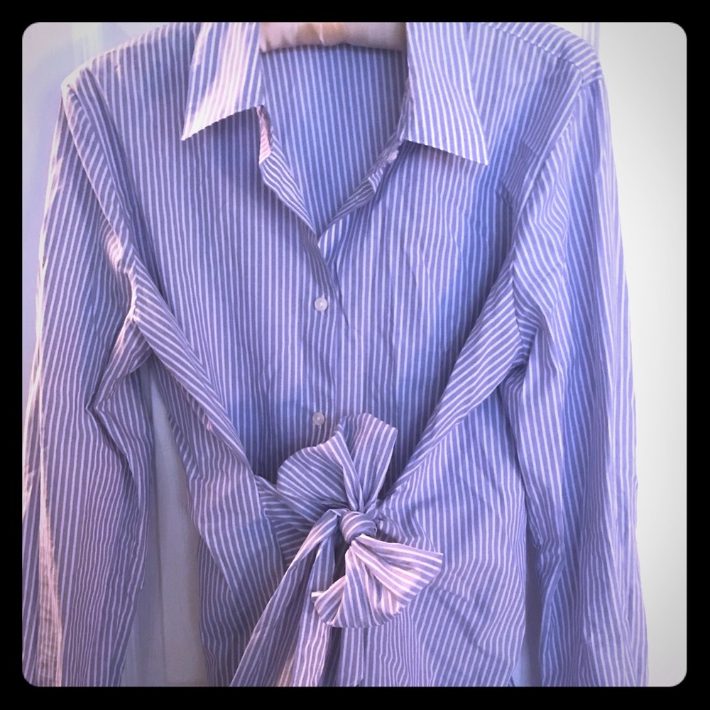Ann Taylor Blue Striped Front-Bow Blouse
